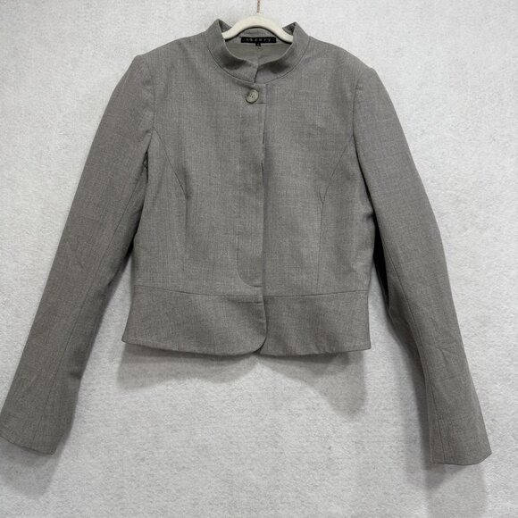 Theory Blazer Womens 8 Gray Wool Blend Cropped Collarless Button Jacket Office - Picture 1 of 11